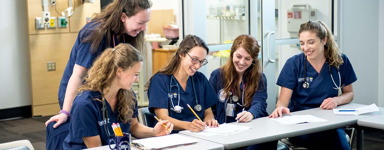 A group of female nursing students cheerfully collaborating