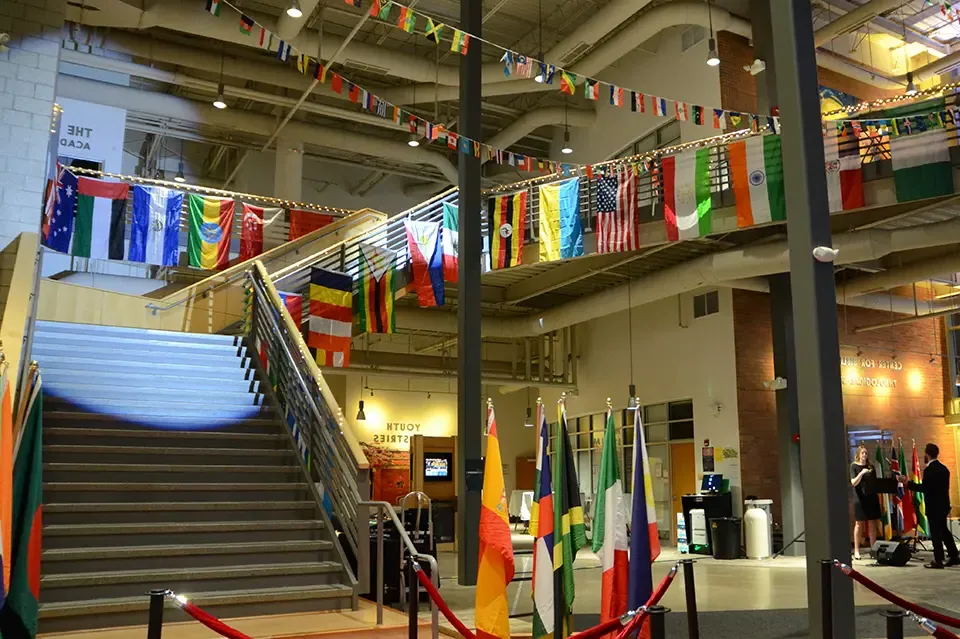 MISO Gala decorations in the Biblical Studies building lobby